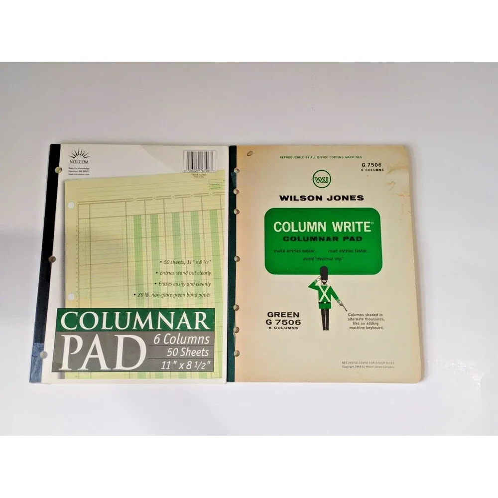 Set of 2 vintage accounting ledgers, both 6-column, 50 pages, green  New